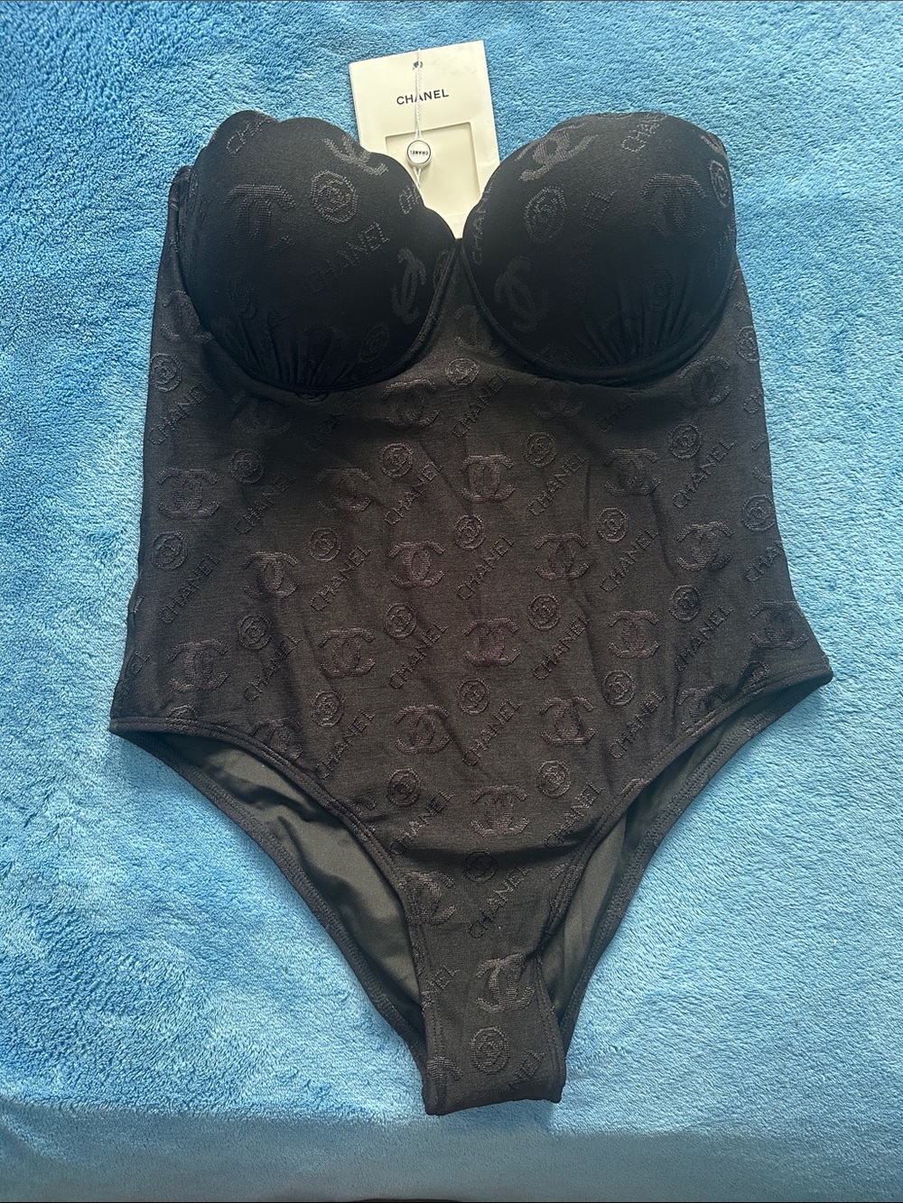 CHANEL Black Logo-Textured Strapless Swimsuit/Bodysuit